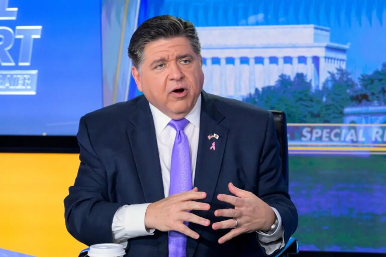FILE - Illinois Gov. JB Pritzker speaks during a taping of FOX News Channel