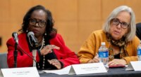 Illinois Accountability Commission Vice Chair Patricia Brown Holmes, left, speaks during the commission