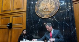FILE - Indiana Republican House Speaker Todd Huston leaves the podium in the house chamber at the Statehouse, Jan. 8, 2024, in Indianapolis. (AP Photo/Darron Cummings, File)
