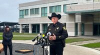 San Joaquin County Sheriff Patrick Withrow speaks to the press outside of the sheriff’s office in French Camp, San Joaquin County, Calif., Sunday, Nov. 30, 2025. (AP Photo/Sophie Austin)