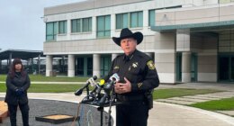 San Joaquin County Sheriff Patrick Withrow speaks to the press outside of the sheriff’s office in French Camp, San Joaquin County, Calif., Sunday, Nov. 30, 2025. (AP Photo/Sophie Austin)
