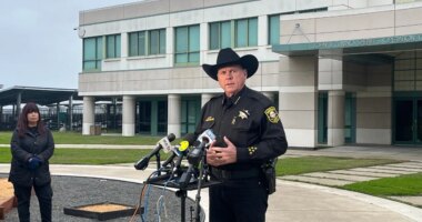San Joaquin County Sheriff Patrick Withrow speaks to the press outside of the sheriff’s office in French Camp, San Joaquin County, Calif., Sunday, Nov. 30, 2025. (AP Photo/Sophie Austin)