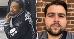 Split image of a man pointing a finger to his face (left) and a selfie of another man on the right.