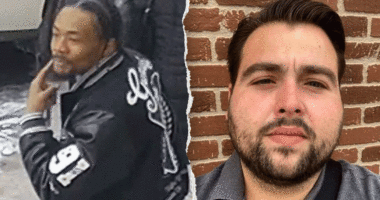 Split image of a man pointing a finger to his face (left) and a selfie of another man on the right.