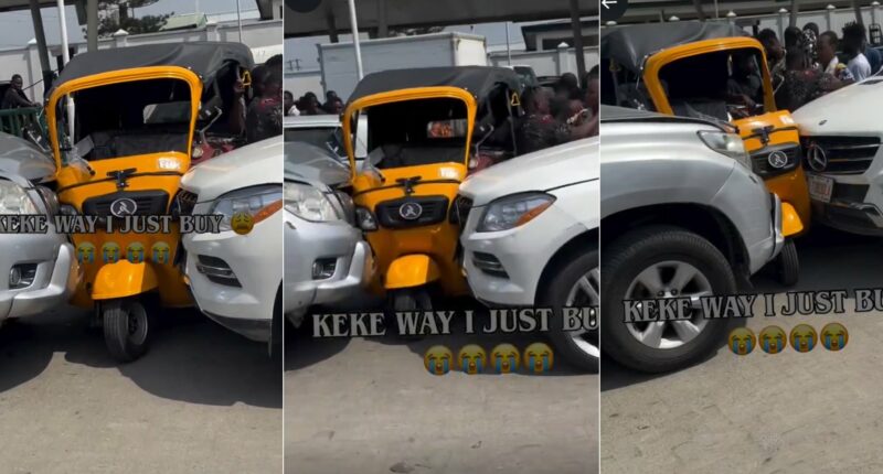 “Kasala left and right” – Chaos as keke gets bashed between two cars