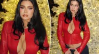 Kylie Jenner rings in the holiday in plunging red leather cropped jacket