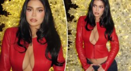 Kylie Jenner rings in the holiday in plunging red leather cropped jacket