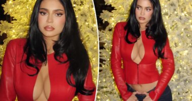 Kylie Jenner rings in the holiday in plunging red leather cropped jacket