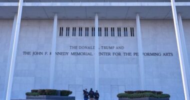 New signage, The Donald J. Trump and The John F. Kennedy Memorial Center For The Performing Arts, is unveiled on the Kennedy Centre.