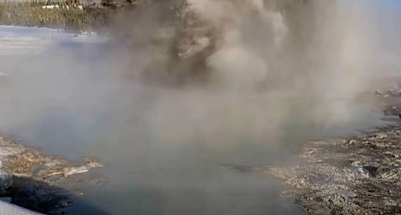 This image made from video provided by the United States Geological Survey (USGS) shows a muddy eruption at Black Diamond Pool in Yellowstone National Park on Saturday, Dec. 20, 2025. (U.S. Geological Survey via AP)