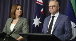 Minister for Communications and Minister for Sport Anika Wells and Prime Minister Anthony Albanese take questions from students for a pre-recorded episode of Behind The News (BTN), at Parliament House in Canberra. Albanese has now defended Wells for several taxpayer funded trips she has taken.