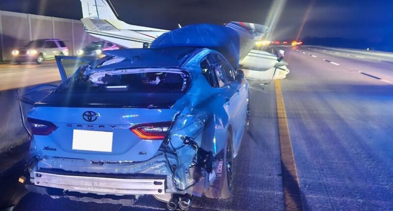 Plane crash-lands on top of Toyota on Florida freeway following engine trouble