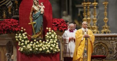 Pope Leo XIV celebrates the Christmas Eve Mass in St. Peter's Basilica at The Vatican.