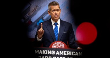 Transportation Secretary Sean Duffy speaks during a news conference at the Department of Transportation in Washington, Friday, Dec. 12, 2025. (AP Photo/Mark Schiefelbein)