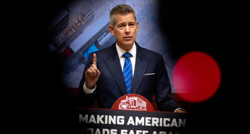 Transportation Secretary Sean Duffy speaks during a news conference at the Department of Transportation in Washington, Friday, Dec. 12, 2025. (AP Photo/Mark Schiefelbein)