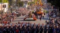FILE - Marching bands perform along Colorado Blvd. in the 136th Rose Parade, in Pasadena, Calif., Jan. 1, 2025. (AP Photo/Damian Dovarganes, File)