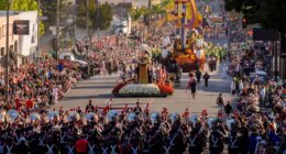FILE - Marching bands perform along Colorado Blvd. in the 136th Rose Parade, in Pasadena, Calif., Jan. 1, 2025. (AP Photo/Damian Dovarganes, File)