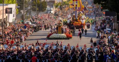 FILE - Marching bands perform along Colorado Blvd. in the 136th Rose Parade, in Pasadena, Calif., Jan. 1, 2025. (AP Photo/Damian Dovarganes, File)