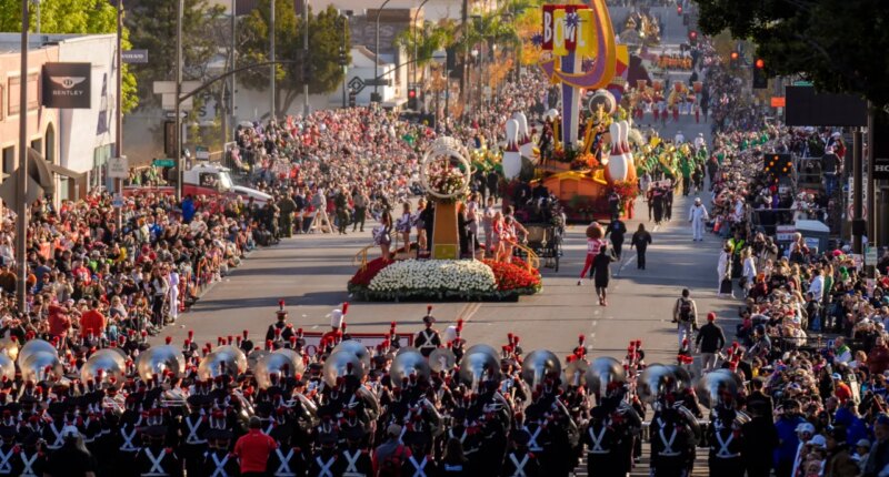 FILE - Marching bands perform along Colorado Blvd. in the 136th Rose Parade, in Pasadena, Calif., Jan. 1, 2025. (AP Photo/Damian Dovarganes, File)