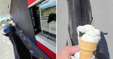 Rider goes through McDonalds on horseback, trots away with ice cream cone
