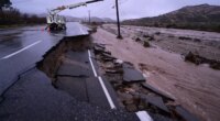 Part of California State Route 138 washes away from flooding Wednesday, Dec. 24, 2025, outside of Wrightwood, Calif. (AP Photo/Wally Skalij)
