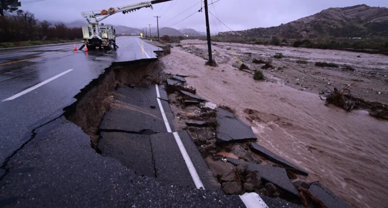 Part of California State Route 138 washes away from flooding Wednesday, Dec. 24, 2025, outside of Wrightwood, Calif. (AP Photo/Wally Skalij)