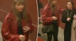 Taylor Swift wears festive red bomber jacket at Chiefs vs. Broncos game on Christmas
