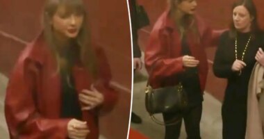 Taylor Swift wears festive red bomber jacket at Chiefs vs. Broncos game on Christmas