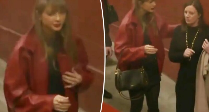 Taylor Swift wears festive red bomber jacket at Chiefs vs. Broncos game on Christmas