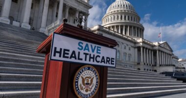 FILE - A lectern awaits the arrival of House Democrats to speak on the health care funding fight on the steps of the House at the Capitol in Washington, Nov. 12, 2025. (AP Photo/J. Scott Applewhite, File)