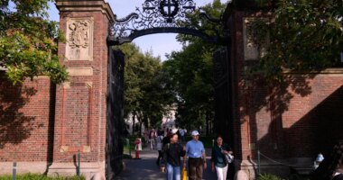 FILE - The gates of Harvard Yard at Harvard University, Tuesday, Sept. 30, 2025, in Cambridge, Mass. (AP Photo/Charles Krupa, File)