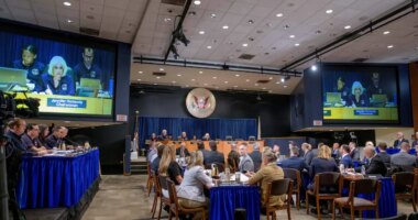 FILE - National Transportation Safety Board Chairwoman Jennifer Homendy speaks during the NTSB fact-finding hearing on the DCA midair collision accident, at the National Transportation and Safety Board boardroom, July 30, 2025, in Washington. (AP Photo/Rod Lamkey, Jr., File)