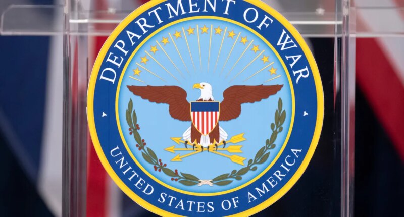 The seal is seen on a podium at the Pentagon, Wednesday, Dec. 10, 2025, in Washington, before Defense Secretary Pete Hegseth speaks. (AP Photo/Mark Schiefelbein)