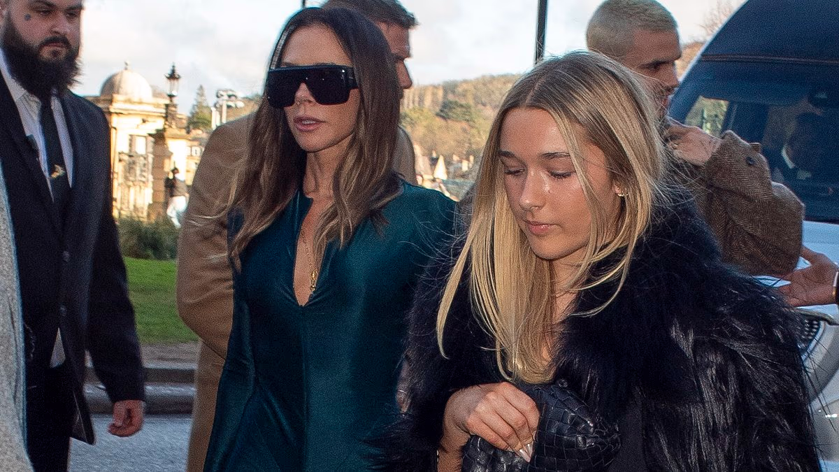 Victoria Beckham wows in stunning £1,290 satin teal dress from her own collection while her daughter Harper, 14, follows in her mother's glamorous footsteps with £3k Bottega handbag as the family attend Adam Peaty and Holly Ramsay's wedding