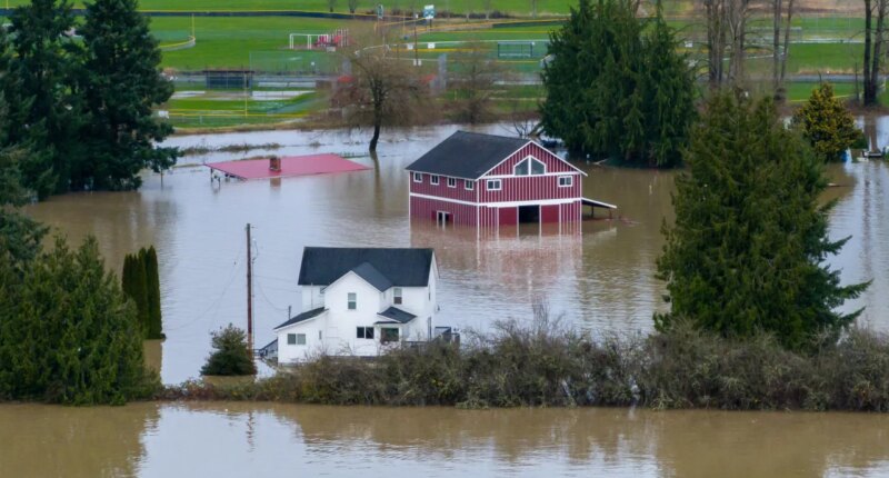 A n aerial view of a home and a barn surrounded by floodwaters in Snohomish, Wash., Thursday, Dec. 11, 2025. (AP Photo/Stephen Brashear)