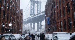 People gather on Washington Street in front of Manhattan Bridge during a snowfall, Sunday, Dec. 14, 2025, in the Brooklyn Borough of New York. (AP Photo/Adam Gray)