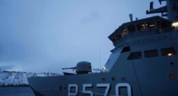 A military vessel HDMS Knud Rasmussen of the Royal Danish Navy docked in Nuuk, Greenland, on Saturday, Jan. 17, 2026. (AP Photo/Evgeniy Maloletka)