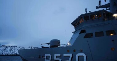 A military vessel HDMS Knud Rasmussen of the Royal Danish Navy docked in Nuuk, Greenland, on Saturday, Jan. 17, 2026. (AP Photo/Evgeniy Maloletka)