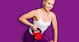 Fitness girl in one arm row position with a kettlebell