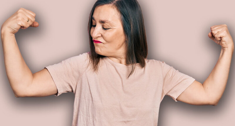 Middle age hispanic woman wearing casual clothes showing arms muscles smiling proud. fitness concept.