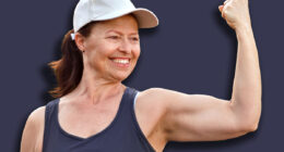 Female physical education teacher showing off her biceps and muscles, healthy lifestyle, body care