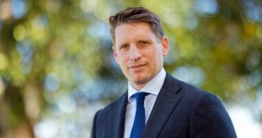 Shadow Defence Minister Andrew Hastie at the waterfront of Mandurah, in his electorate of Canning. 09/08/2024 Photo: Trevor Collens