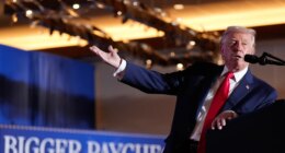 FILE - President Donald Trump gestures to a chart as he speaks at Mount Airy Casino Resort, Dec. 9, 2025, in Mount Pocono, Pa. (AP Photo/Alex Brandon, File)