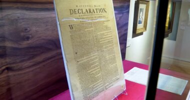 A copy of the Declaration of Independence, printed by Robert Luist Fowle in July 1776, sits on display at Christie