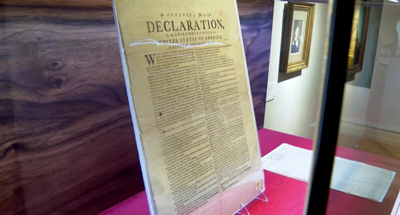 A copy of the Declaration of Independence, printed by Robert Luist Fowle in July 1776, sits on display at Christie