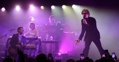 Jarvis Cocker, right, and Mark Webber, from left, and Candida Doyle, of the band Pulp.
