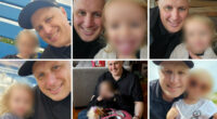 Collage of two tender photos capturing the close bond between Canadian father Gavin Ashley and his daughter Violet. Left: In a restaurant booth with wooden table, Gavin with white hair and dark shirt gently holds Violet close; Violet, in a light sweater with blonde curls, smiles softly while looking up at him. Right: Close-up selfie indoors, Gavin grinning widely as Violet sticks out her tongue playfully, her blonde hair framing her mischievous expression.