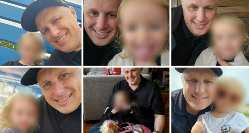 Collage of two tender photos capturing the close bond between Canadian father Gavin Ashley and his daughter Violet. Left: In a restaurant booth with wooden table, Gavin with white hair and dark shirt gently holds Violet close; Violet, in a light sweater with blonde curls, smiles softly while looking up at him. Right: Close-up selfie indoors, Gavin grinning widely as Violet sticks out her tongue playfully, her blonde hair framing her mischievous expression.