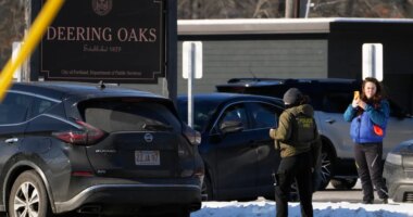 A woman films a Homeland Security Investigations agent at a parking lot at Deering Oaks Park, Friday, Jan. 23, 2026, in Portland, Maine.(AP Photo/Robert F. Bukaty)