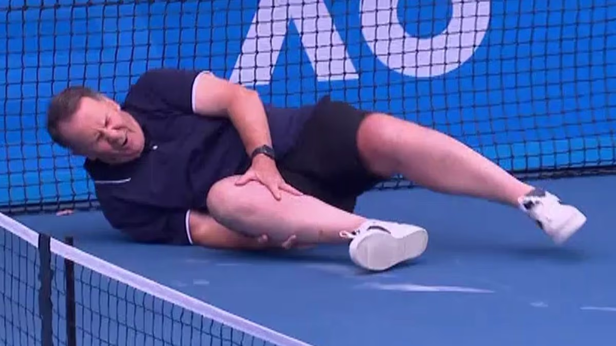 Concern for Channel Nine star Tony Jones as he takes a nasty fall on live TV at the Australian Open